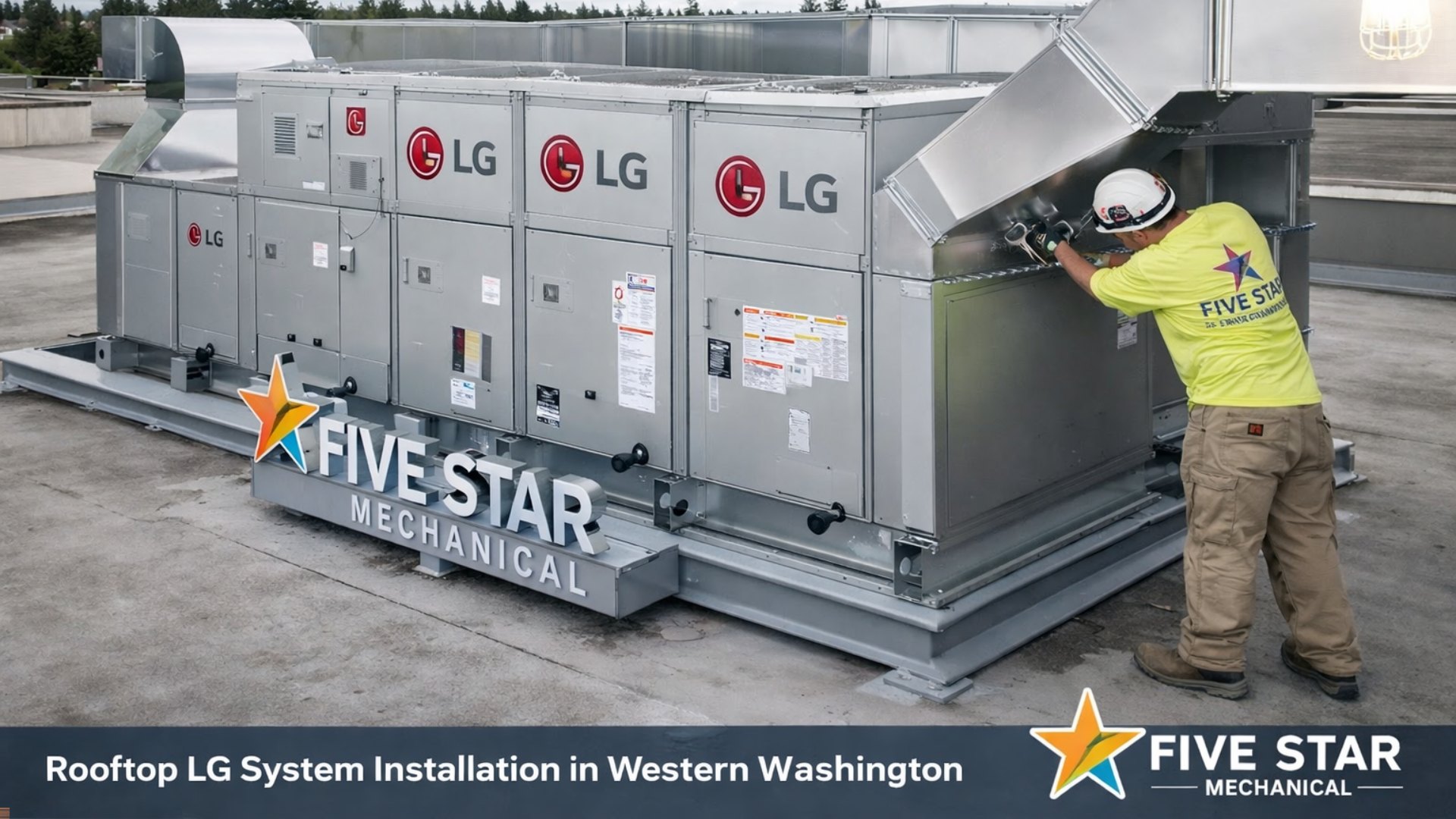 lg rooftop hvac system installation by five star mechanical in western washington (253) 852-8284