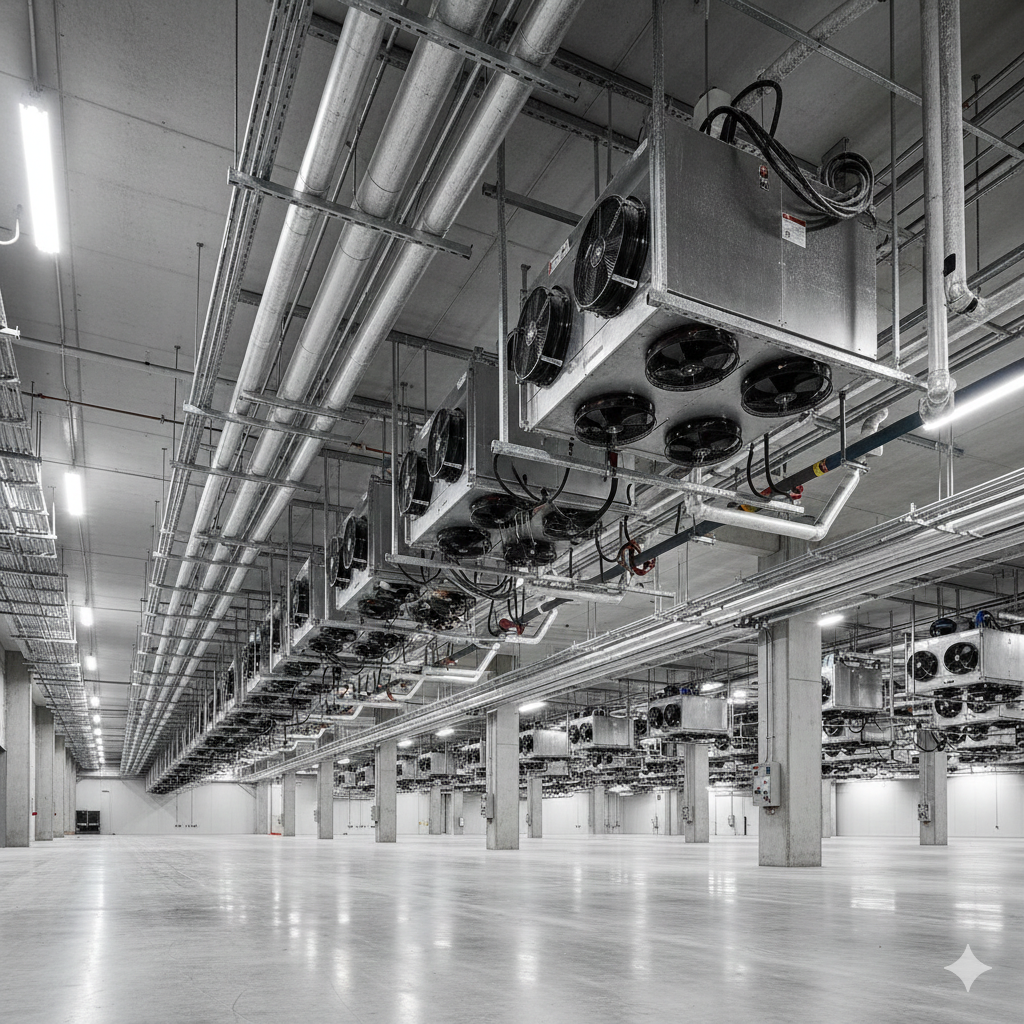 Industrial refrigeration piping and evaporator units in a Kent, WA cold storage warehouse