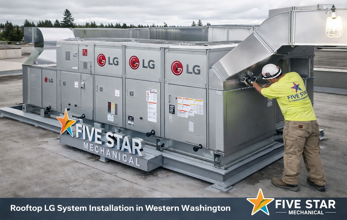 lg rooftop hvac system installation by five star mechanical in western washington (253) 852-8284